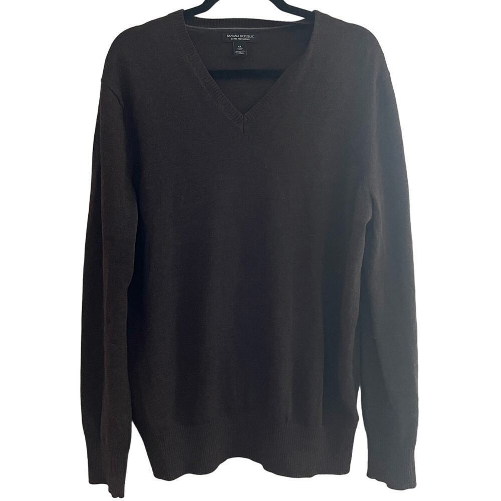 Banana Republic Sweater 100% Extra Fine Merino Wool Brown V Neck-XL